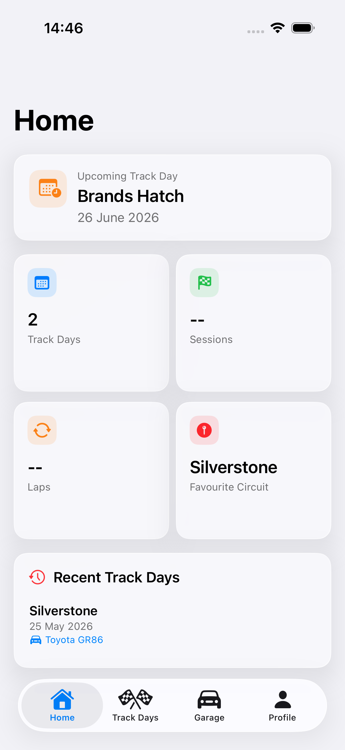 Pitlane home screen showing upcoming track day and recent history