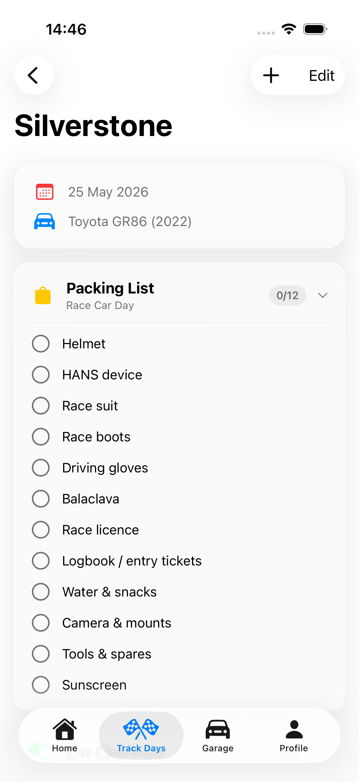 Pitlane event detail screen with packing, sessions, and spend